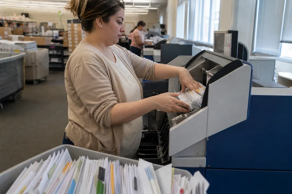 Lockbox operator feeding customer payment checks and remittance coupons into a high-speed scanner in a bank processing center