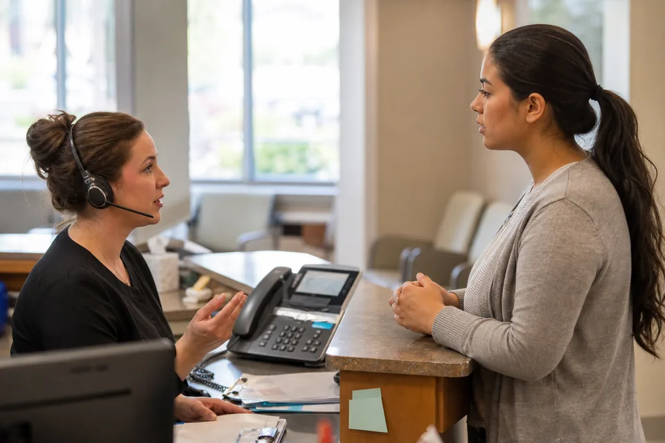 Clinic receptionist on a headset call with an interpreter while a patient waits at the front desk